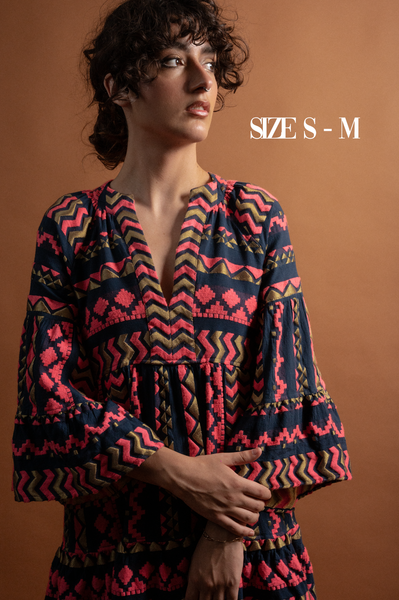 Embroidered Dress Blue & Fuchsia