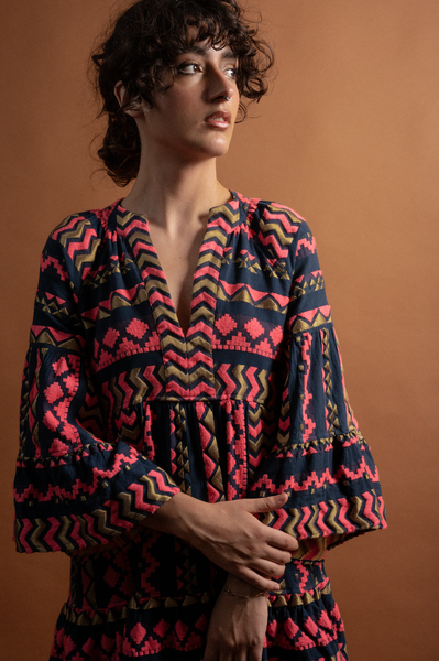 Embroidered Dress Blue & Fuchsia