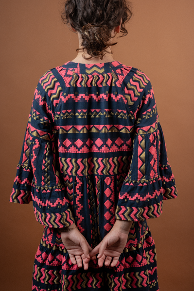 Embroidered Dress Blue & Fuchsia