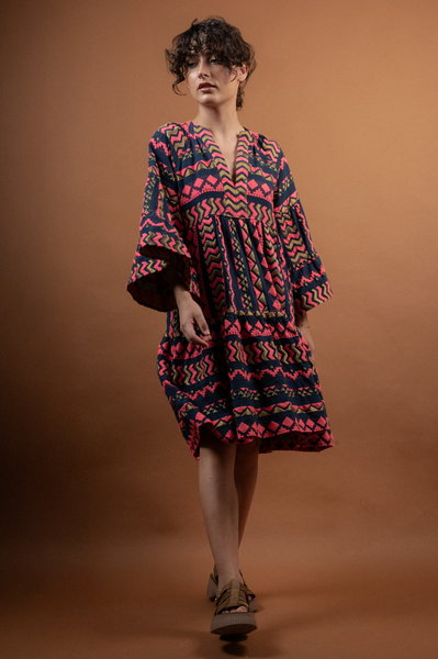 Embroidered Dress Blue & Fuchsia