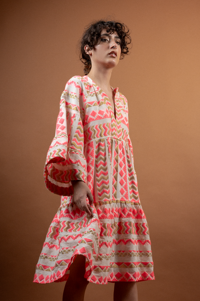Embroidered Dress White -  Fuscia