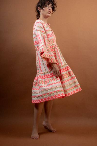 Embroidered Dress White -  Fuscia