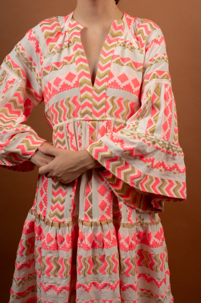 Embroidered Dress White -  Fuscia