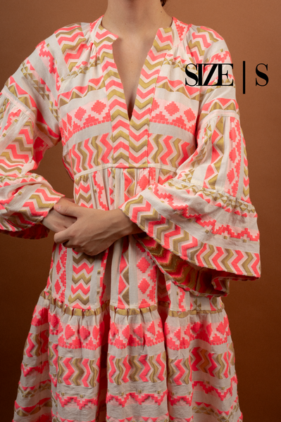 Embroidered Dress White -  Fuscia