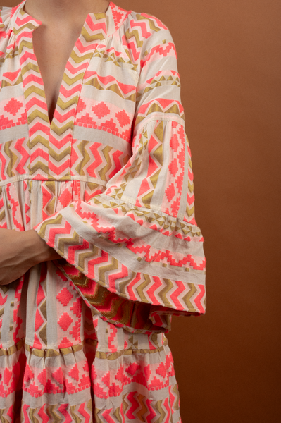 Embroidered Dress White -  Fuscia