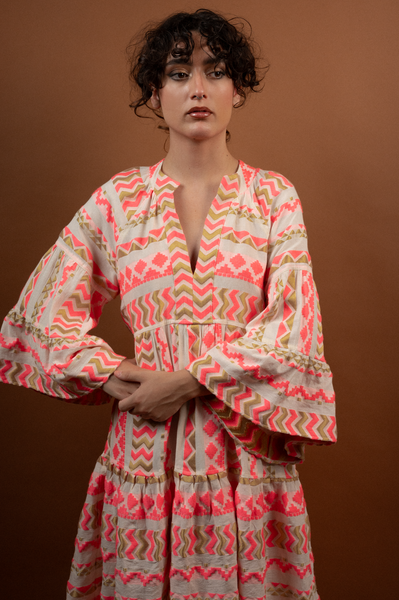Embroidered Dress White -  Fuscia