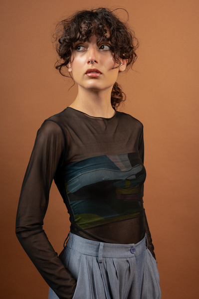 Dome Seamless Tulle Top Black with Hands Print