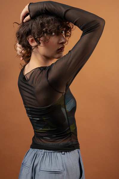 Dome Seamless Tulle Top Black with Hands Print