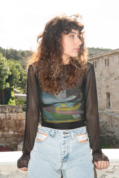 Dome Seamless Tulle Top Black With Hands Print