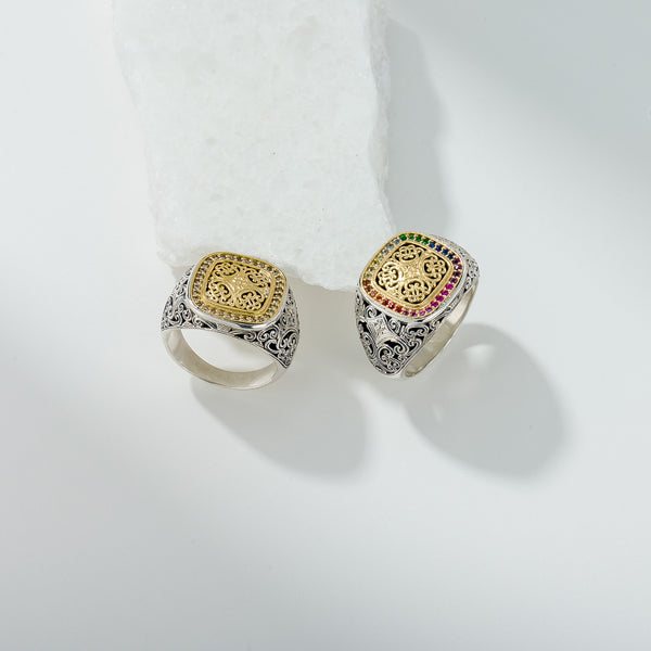 Kosmos Square Ring in 18K Gold and Sterling Silver with Brown Diamonds