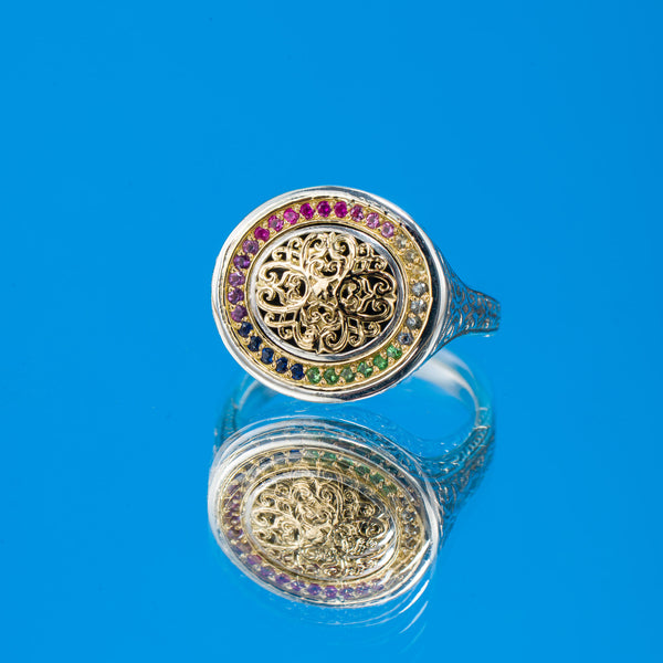 Kosmos Oval Ring with Rainbow Gemstones in 18K Gold and Sterling Silver