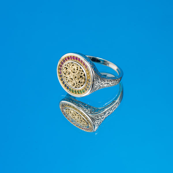 Kosmos Oval Ring with Rainbow Gemstones in 18K Gold and Sterling Silver