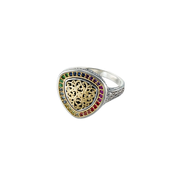 Kosmos Triangle Ring with Rainbow Gemstones in 18K Gold and Sterling Silver
