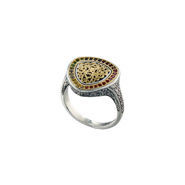 Kosmos Triangle Ring with Rainbow Gemstones in 18K Gold and Sterling Silver