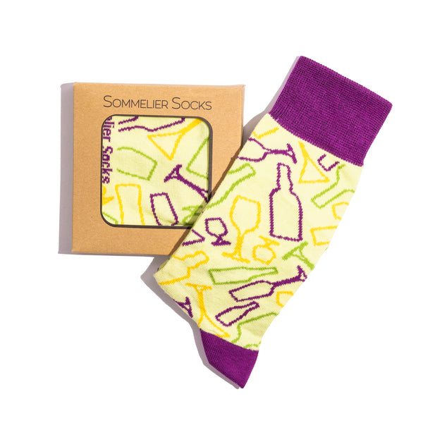 Sommelier Socks | Yellow - Bottles & Glasses